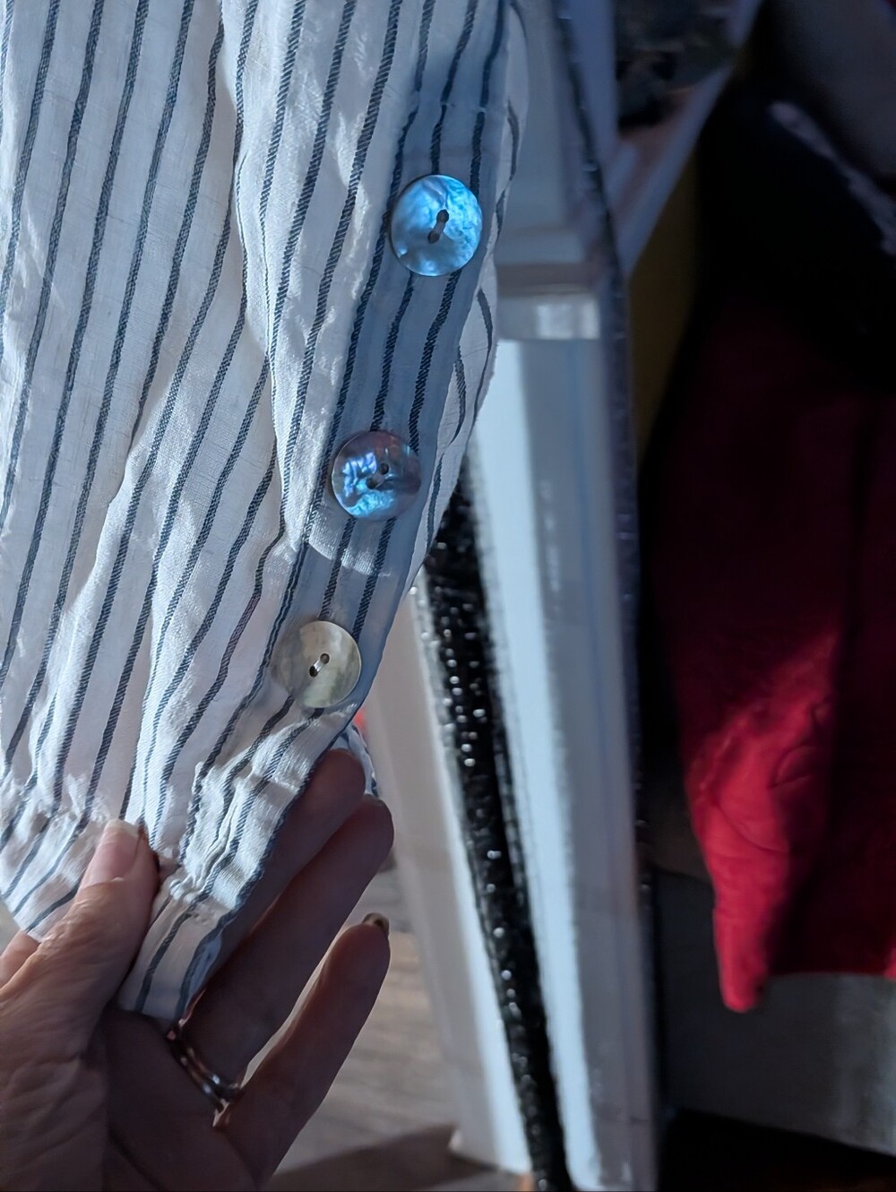 Striped White and Navy Button Cuff Women's Top